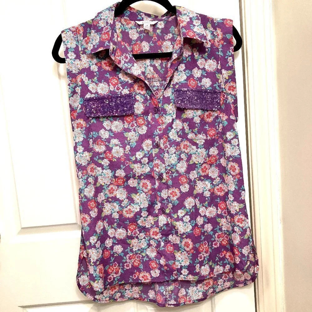 Candie’s Floral Summer Top, Size Medium, Sleeveless, Purple Sequins, Like New